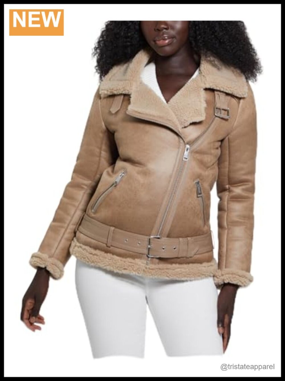 GUESS Lena Belted Faux Shearling Moto Jacket with Asymmetrical Zip, Long